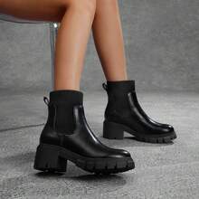 Athlefit Women's Chelsea Platform Ankle Boots Elastic Chic Comfort Chunky Heel Lug Sole Booties - 黑色 - 查看 1