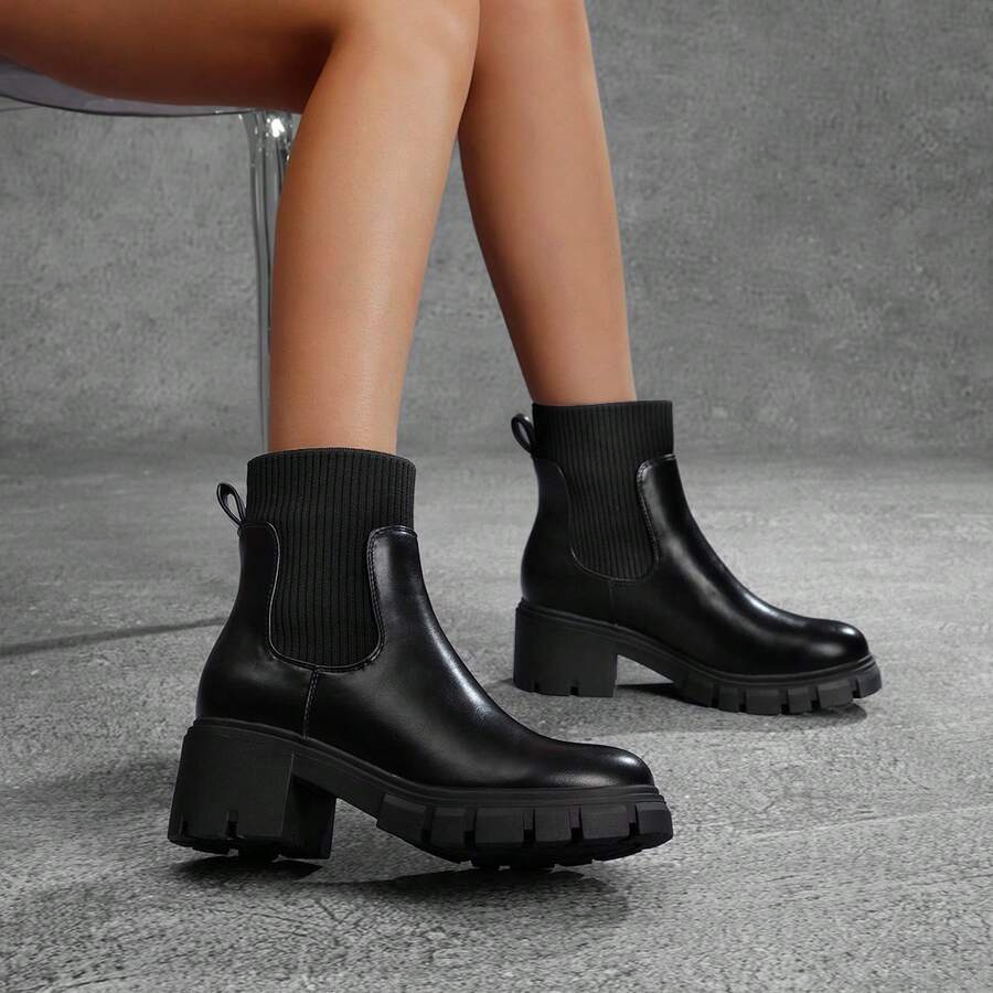 Athlefit Women's Chelsea Platform Ankle Boots Elastic Chic Comfort Chunky Heel Lug Sole Booties - 黑色 - 查看 1