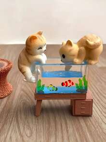 3件套 - 迷你可爱猫咪和鱼缸摆件，迷你树脂桌面装饰品，创意微景观装饰小雕像摆件 - 彩色 - 查看 2