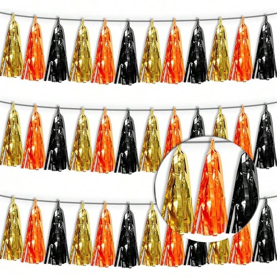 3P Metallic Fringe Tassel Banner Garland Foil Tinsel Streamer Wall Hanging Curtain Backdrop Banner For Parade Floats, Graduation Decorations, Father's Day Party Decoration(Silver)Halloween Christmas New Year - 黑金橙 - 查看 1
