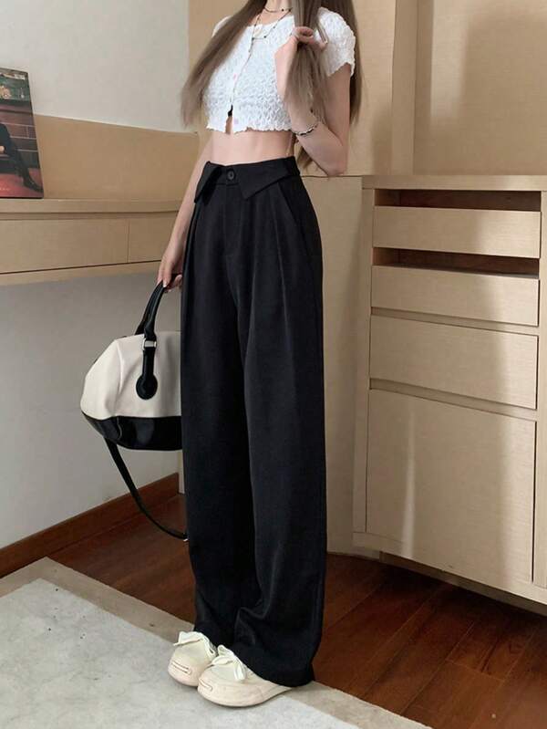 轻盈高腰喇叭裤，宽松版型，褶裥设计，适合通勤和约会，优雅女士休闲裤，春夏黑色
