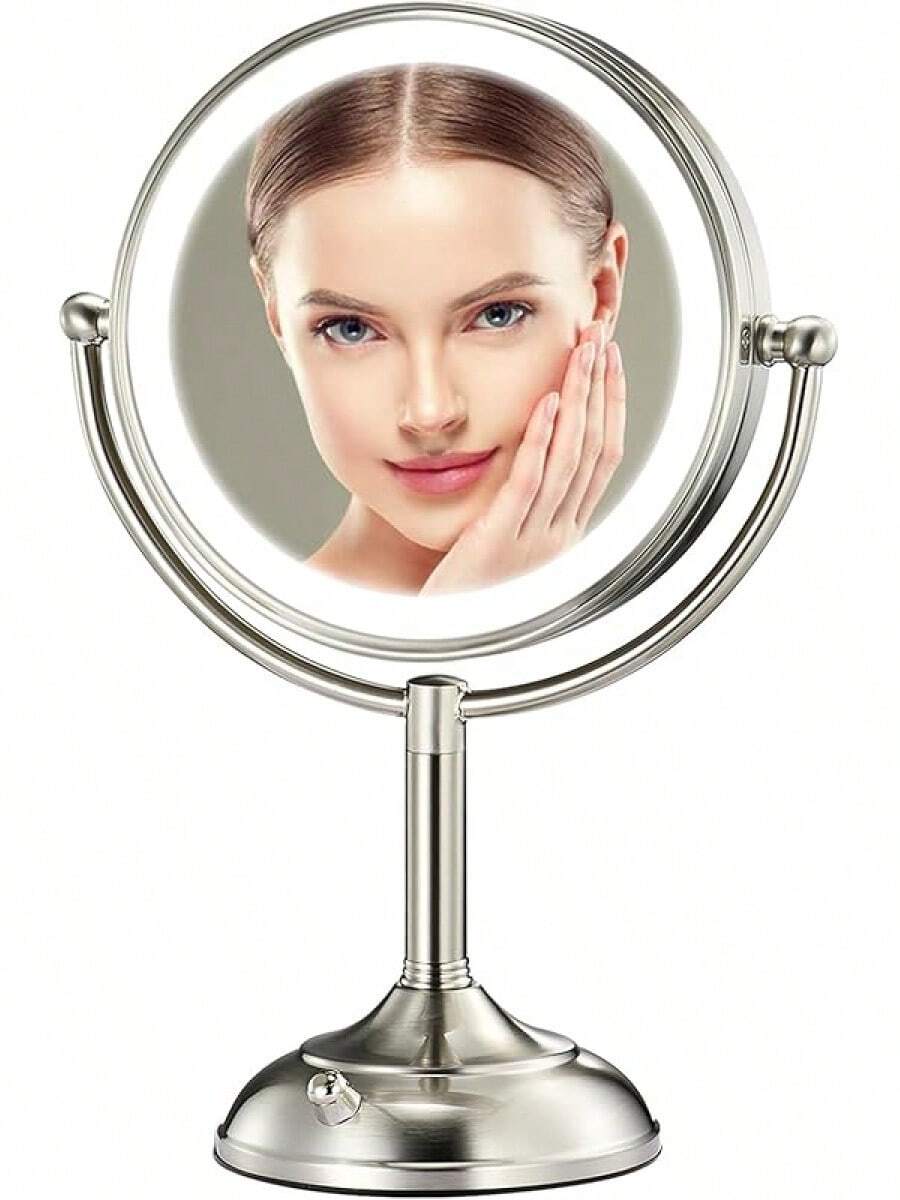 Professional 8.5 Large Lighted Makeup Mirror With Brighter Lights, 1X/10X True Magnifying Mirror With 3 Color Dimmable Lights, 90 Shadowless LEDs, 360°Swivel Seamless Vanity Mirror, Pearl Nickel - 15倍可充電銀 - 查看 1