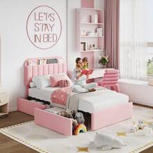 Twin/Twin XL/Full/Queen Size Platform Bed Frame With Storage Headboard & 2 Drawers, Upholstered Cute Platform Bed With Bookcase, Sturdy Wooden Slats Support, No Box Spring Needed, Noise Free - 粉紅雙胞胎 - 查看 5