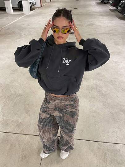 Sudadera con capucha de forro polar con estampado gráfico, de corte holgado, de moda y casual, para invierno