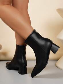 大码宽楦优雅尖头踝靴，粗跟拉链后跟踝靴，时尚高跟踝靴，女士休闲办公靴 - 黑色 - 查看 5