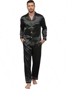 BigKing Men's Silk Satin Pajama Set, Men's Pajama Set, Soft, Long Sleeve, Button-Down - 黑色 - 查看 12
