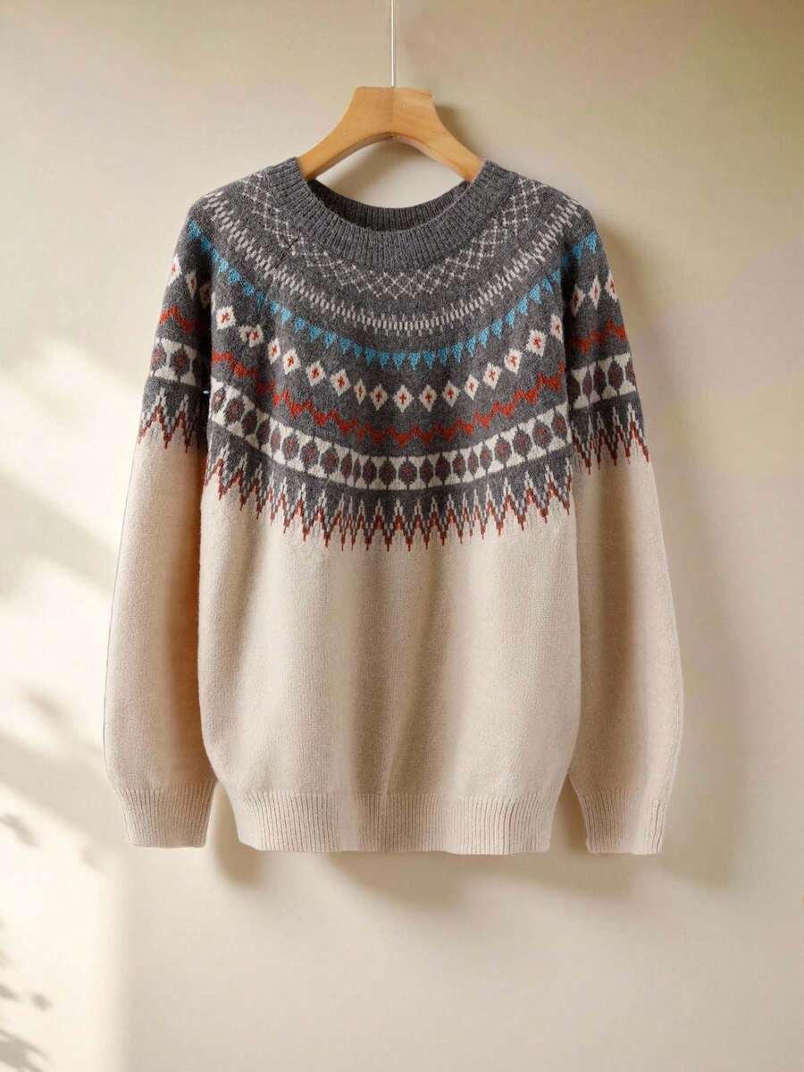 Rusticease Geo Pattern Raglan Sleeve Sweater,Long Sleeve Tops