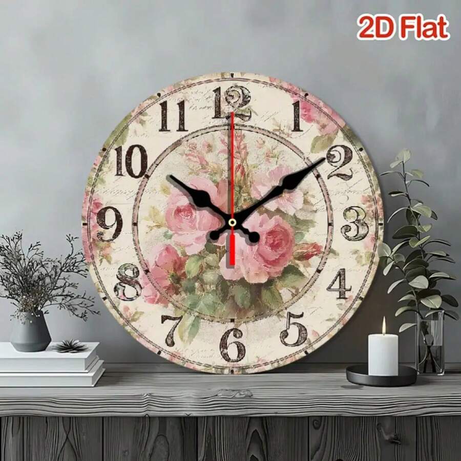 1pc 10-Inch Rustic Farmhouse Pink Roses Wooden Wall Clock - Vintage Floral Beige Background With Black Hands & Red Second Hand, Silent Quartz Movement, Easy-To-Read Large Numerals, Durable Wood Construction Kitchen Bedroom Living Room Bathroom Office Decor, AA Battery Operated (Not Included) - Elegant Home Décor & Functional Timepiece, Wall Clock Living Room Large Size, Modern Wall Clock, Kitchen Wall Clock, Kitchen Clock Wall Clock, Living Room Decor And Accessorie, Wall Clock - 10*10in - View 1