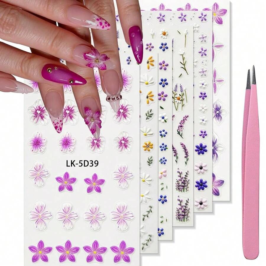 Nail Art Stickers Decals 5D Embossed Flower Nail Decals Self Adhesive Spring Summer Supplies 3D Lavender For Women Nails Design Decoration Purple Red Flower Nails Stickers{Inchcolor_nameinch:InchColorful-15inch} - 彩色-15 - 查看 1