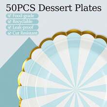 50PCS Blue Birthday Party Plates,  Dessert Plates, Scalloped Gold Foil Edge Dinnerware Party Supplies For Birthday Weddings Parties,25837424 - 藍色 - 查看 5