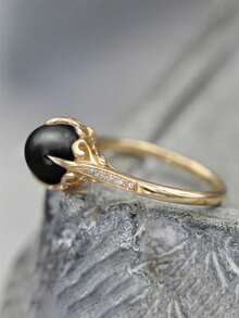 1pc Vintage Cubic Zirconia & Faux Pearl Ring, Jewelry Gift For Women Wedding Anniversary - Golden Yellow+Black - View 8