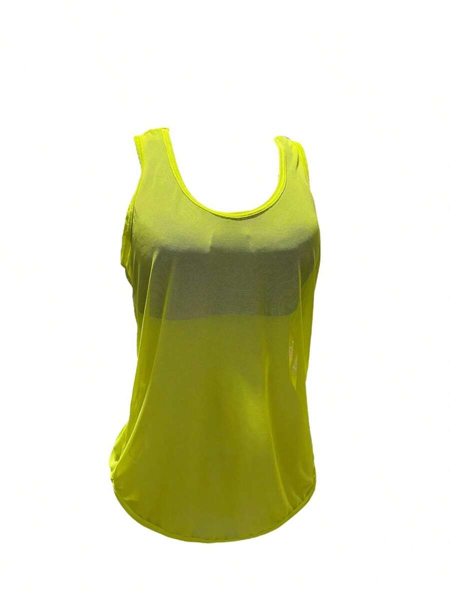 Women's Transparent Tulle Tank Top Gym Clothing Fitness Fashion - 青檸色 - 查看 1