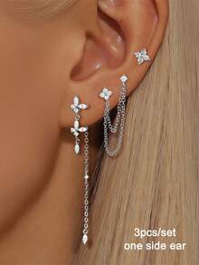 3 Pcs/Set Unique Gold Plated Cubic Zirconia Butterfly Chain Drop Dangle Earrings For Women Zirconia Stud Earrings Set Elegant Jewelry