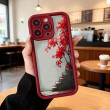 Phone Case With Black Edge, Red Leaves And Stairs Design, For IPhone 14 Pro, Minimalist Artistic Style, Ideal For Daily Use In Cafes And Urban Spaces Suitable For Apple Series Phones - Black - View 5