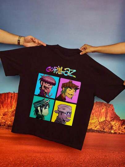 Camiseta gráfica de manga corta con cuello redondo, estilo pop art, suave y cómoda, moda de streetwear para todas las estaciones, ropa casual de calle |   Camiseta de Cuello Redondo con Miembros de la Banda Gorillazs en Colores Vibrantes y Diseño Audaz, Ideal para Amantes de la Música y Atuendos de Moda