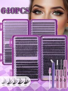 CMAYOME 640片高品质C/D卷翘假睫毛，DIY睫毛：10D + 20D + 30D + 40D + 50D，10-18毫米自然柔软假睫毛，10-18毫米浓密柔软假睫毛。睫毛套装还包含睫毛胶水 - 紫色 - 查看 2