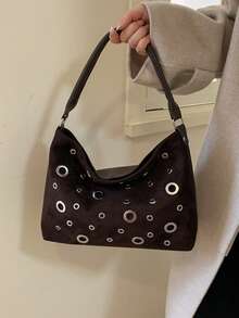 复古哑光大容量手提包，新款休闲小众圆环高端托特包单肩包女秋冬 - 咖啡 - 查看 7
