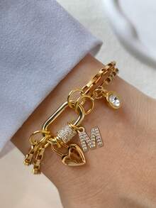 1pc STYLEVER Gold-Color A-Z Letter Bracelet, Screw Clasp Chain, Minimalist Rhinestone Letter Pendant, Stainless Steel Chain, Unique Charm Bracelet, Suitable For Daily, Party, Banquet Decoration - Yellow Gold - View 26