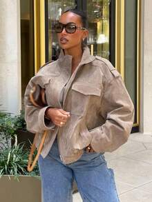 Chaqueta de ante caqui para mujer, de estilo casual y oversize, con bolsillos, para el otoño