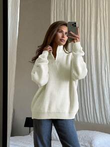 Women's Simple Ribbed Solid Color Casual Korean Textured Commuter Loose Versatile Stand Collar Zipper Half-Placket Pullover Long Sleeve Sweater, Spring/Autumn/Winter White - White - View 5