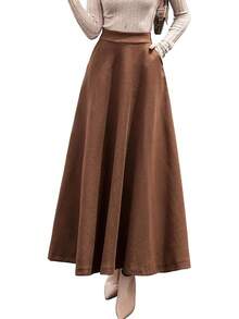 Women's Fall Winter A-Line Swing Pleated Long Maxi Skater Skirt, Wool, Style - Nâu túi - Xem 7
