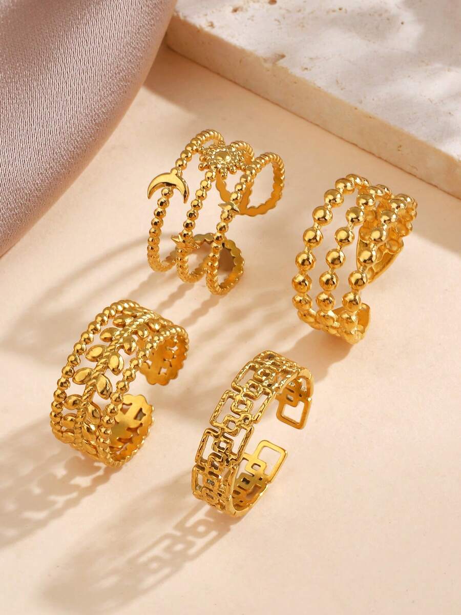 4pcs/Set Stainless Steel Minimalist Leaf, Star, Moon Design Open Rings, Suitable For Women's Daily Wear - Multicolor - View 1