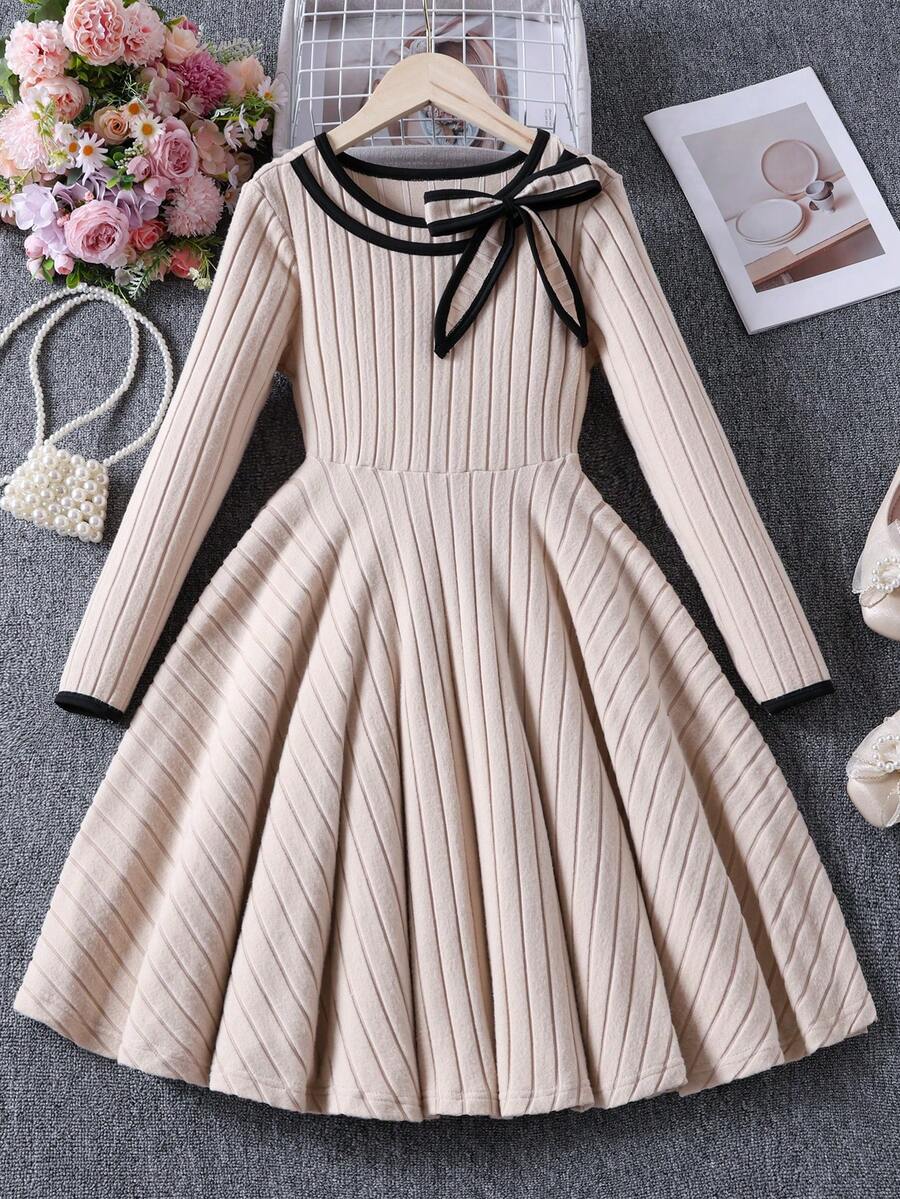 Girls' Fashion Casual Knit Butterfly Decor Color Block Mid-Length Dress, Spring/Autumn