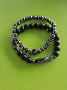 RINTOLER Fashionable and Popular 2pcs Men Beaded Bracelet for Jewelry Gift and for a Stylish Look - Black - View 7
