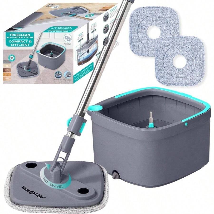 Square Spin Mop Bucket Floor Mop With Separate Compartments Clean And Dirty, Self Cleaning 2025 Upgraded Version Side Brush Self - Standing Handle, - Xô lau nhà kèm 2 miếng lau nhà - Xem 1