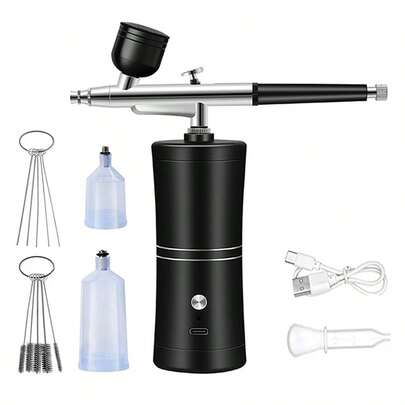 带压缩机的喷枪套件，无线可充电 USB 供电喷枪 0.3 毫米喷嘴，便携式喷枪，用于绘画、美甲、造型、化妆 - 无香型，1000mAh 锂电池