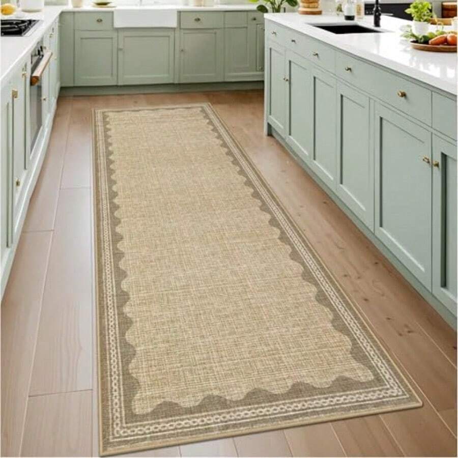 2.5x8 Runner Rug For Hallway Washable Kitchen Rugs Non Slip Solid Tan Jute Digital Printing Modern Soft LowPile Scalloped Indoor Carpet For Entryway Laundry Room Floor Mats - Đay - Xem 1