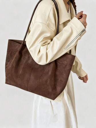 2025秋冬女士复古麂皮单肩包，优雅办公/通勤手提包，大容量，咖啡棕色