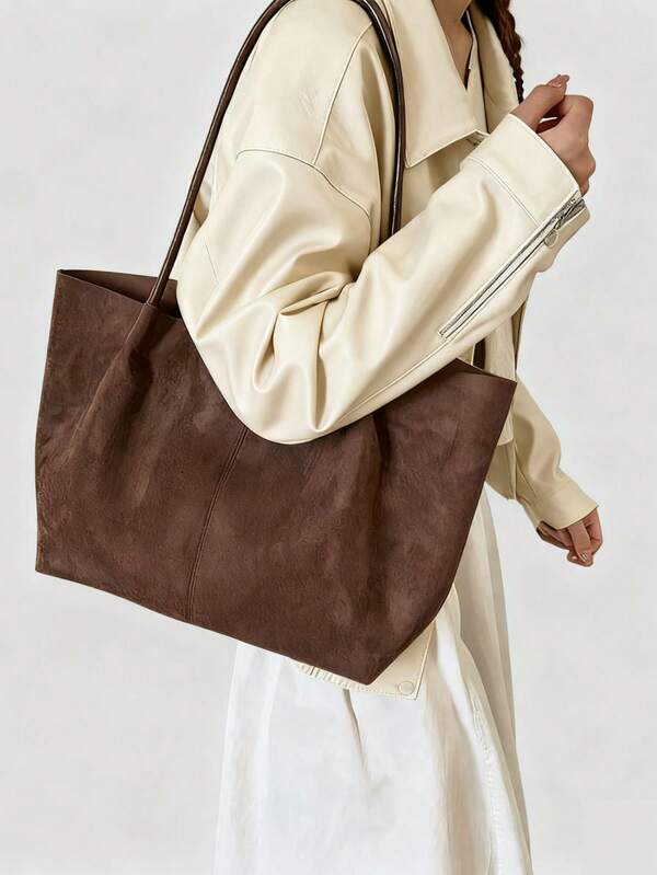 2025 Autumn/Winter Women's Vintage Suede Shoulder Bag, Elegant Office/Commute Tote Bag, Large Capacity, Coffee Brown