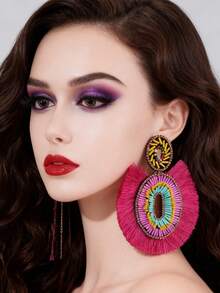 1 par de pendientes de mujer con borlas de forma elíptica de cuentas de vidrio hechas a mano