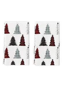2 Pcs Black And White Kitchen Towels Dish Cloth Towels Absorbent Hand Towels Cleaning Cloths Simple Lines Christmas Tree Kitchen Towels Holiday Decoration Suitable For Dish Table - Red and White - View 6