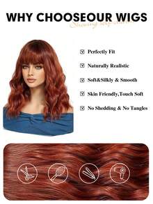Peluca sintética de onda media de color rojo marrón con flequillo, cabello rizado rojo resistente al calor para uso diario de mujeres. (Preste atención a cómo la usa y cuida, ya que debido a la iluminación y el ángulo durante la fotografía, el producto real puede tener ligeras diferencias de color en comparación con las imágenes.)