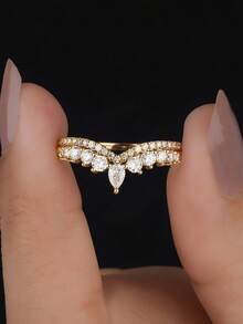 1pc Gold-Plated Water Drop Shaped Cubic Zirconia Wing Ring, Exquisite V-Shaped Shiny Design, Suitable For Date Night And Daily Wear, Ideal Gift For Women - Teardrop Round Diamond Crown Ring - View 3
