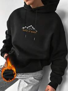 男士休闲街头户外山地印花宽松保暖连帽卫衣，时尚潮流，长袖上衣 - 黑色 - 查看 1