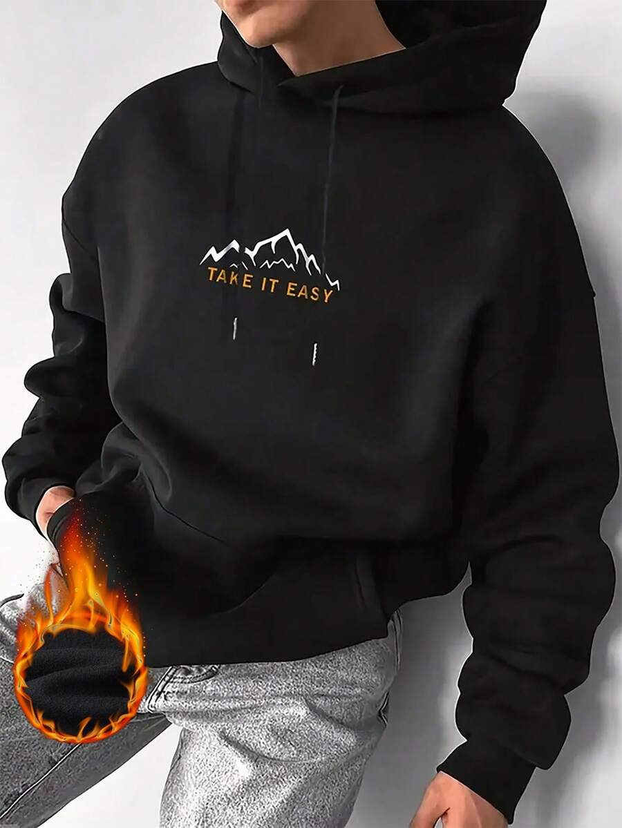 男士休闲街头户外山地印花宽松保暖连帽卫衣，时尚潮流，长袖上衣 - 黑色 - 查看 1