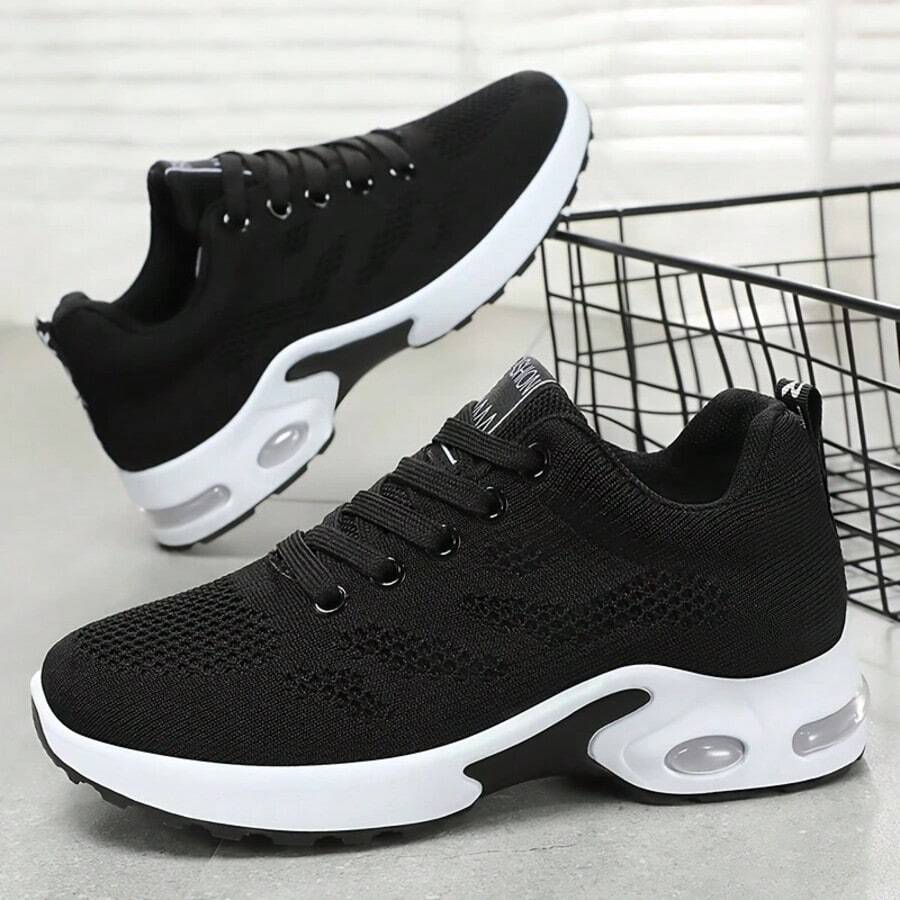 Fly Woven Sneakers, Women's Breathable Mesh Air Cushion Shoes, Women's Casual Dancing, Fitness, Running, Women's Shoes, Light Travel Shoes - 黑色 - 查看 1