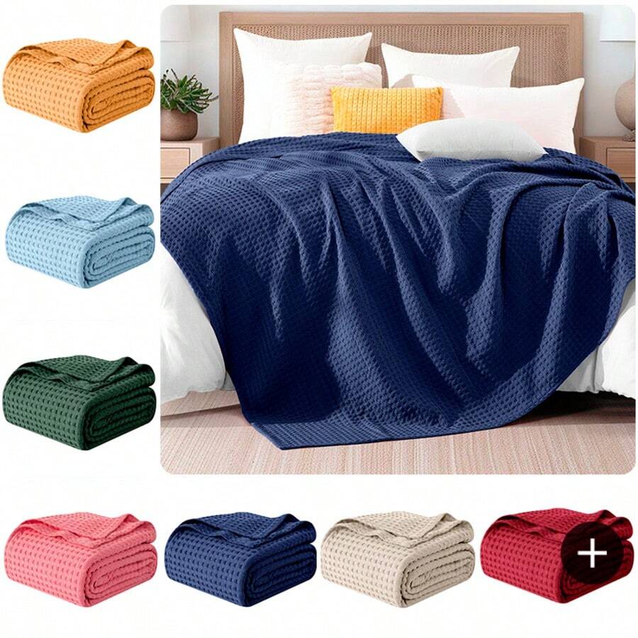 Elegant Comfort 1pc Soft Waffle Weave Throw Blanket , Lightweight Summer Blanket For Hot Sleepers, Full, Queen, King, Twin, And Twin XL Size Bed Breathable Cozy Warm Woven Textured Blankets For Couch, Bed, Sofa, Home Décor, Christmas Decorations Gifts, Cozy Winter Styles, Holiday Décor - 海軍 - 查看 1