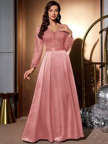 MIUSOL Đầm dạ hội maxi cổ chữ V sâu, ren hoa, phối màu tương phản, chất liệu satin, tay phồng. - Bụi hồng - Xem 3