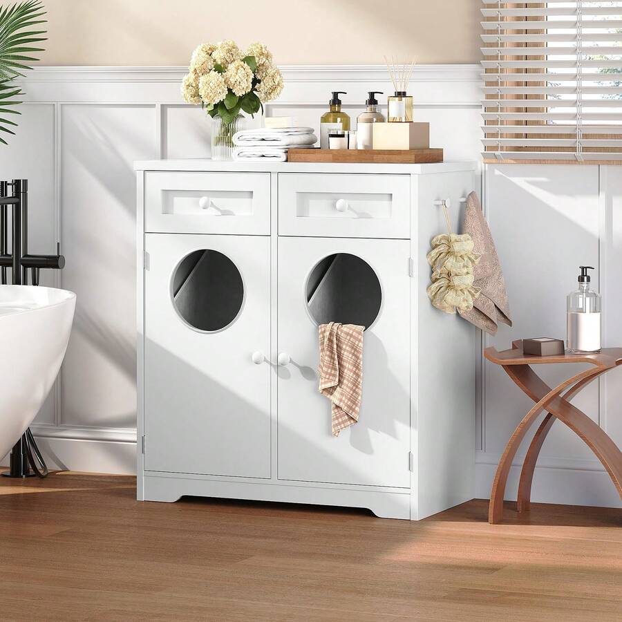 HOOBRO Dual Compartment Laundry Hamper Cabinet, Concealed Laundry Storage Cabinet With 2 Drawers & 2 Baskets, 20 Gallon Farmhouse-Style Bathroom Laundry Hamper Featuring 2 Clothes-Drop Openings, White - trắng - Xem 1