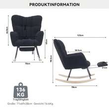 009B Neuer Moderner Schaukelstuhl Mit Polsterung Und Teddystoff-Taftbezug Und Ausziehbarer Fußstütze, Schwarz - Black - View 2