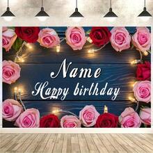 1 pezzo Striscione personalizzato per Buon Compleanno - Disegno personalizzato con rose rosa e nastro rosso, sfondo fotografico in poliestere durevole, adatto per compleanni, matrimoni e feste, ottimo per foto e decorazioni di festa