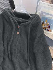 Solid Color Casual Minimalist Drawstring Hooded Pullover Sweater - Dark Grey - View 2