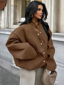Große Größen Jacke für Damen, modisch minimalistisch schlankmachend, locker sitzend mit Baseball-Kragen, Wollmischung gefüttert, vielseitig für den täglichen Gebrauch, Frühling Herbst Winter - Kaffeebraun - Übersicht 5