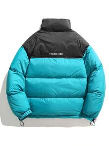 Women's Casual Colorblock Quilted Puffer Jacket With Stand Collar Long Sleeve Pockets Regular Length Warm Winter Coat - 藍色 - 查看 2
