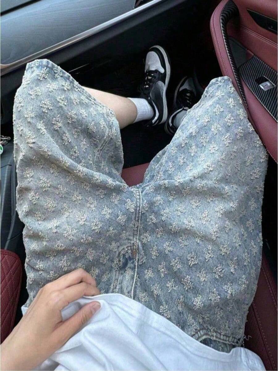 Full Print Jacquard American Retro Denim Shorts Men's Summer Thin Hiphop Pants Design Sense Five-Point Pants Fashion High Street - 藍色 - 查看 1