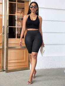 Women Fashion Simple Black PU Shorts